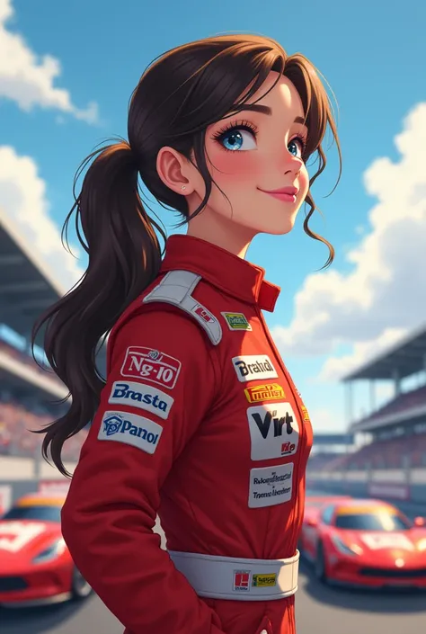 a girl sand back at a racing place knowing she is going to be a racer one day, She gonna be the winner, enjoy happy, big hope one wish, a lot of car