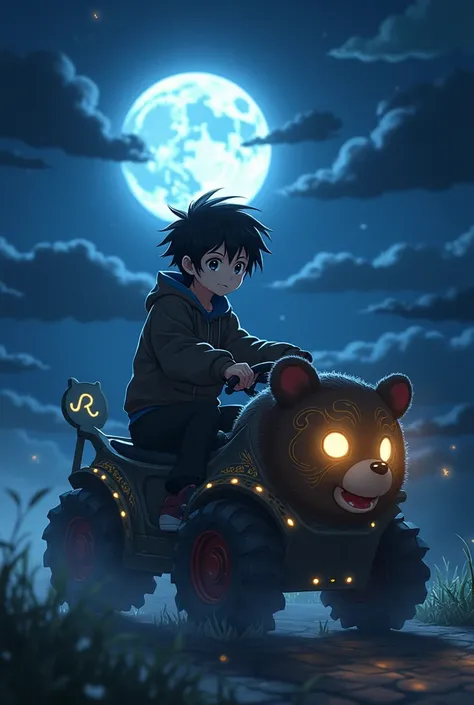 Black-haired anime teen boy driving a bear rune in the most mysterious night