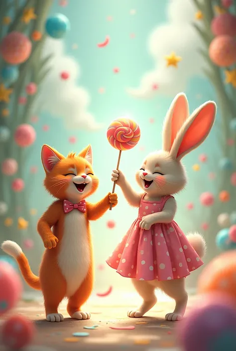  dancing with cat and rabbit sing song and enjoy eating lolipop