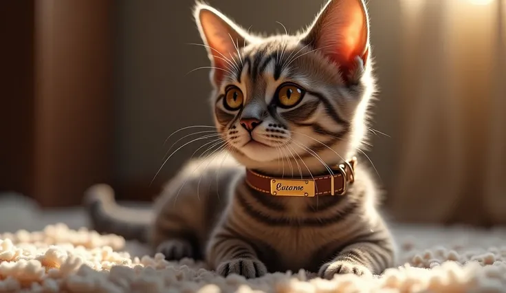 The cat wearing a beautiful collar with its new name on it.