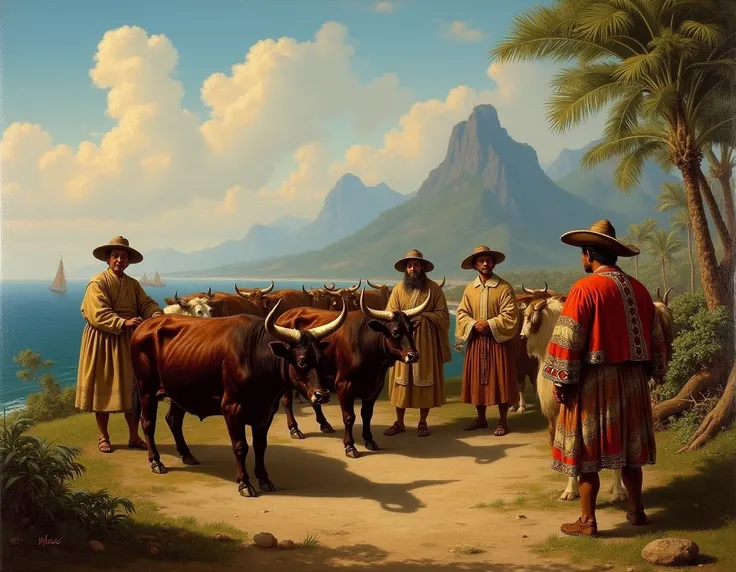 Do you have an image that shows Spanish colonizers arriving with their first cattle to American territory