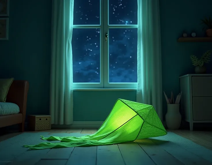 Green kite on the floor in a room with a window showing the night