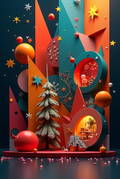  Very varied bright and golden geometric shapes with Christmas market photos inside. All this on a dark background  