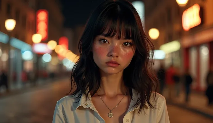 Stylized image of a young woman with freckles, dark hair with bangs, serious expression, warm tones, detailed skin texture, simple white clothes, realistic, full body walking through the city at night, sexy attractive, conceited