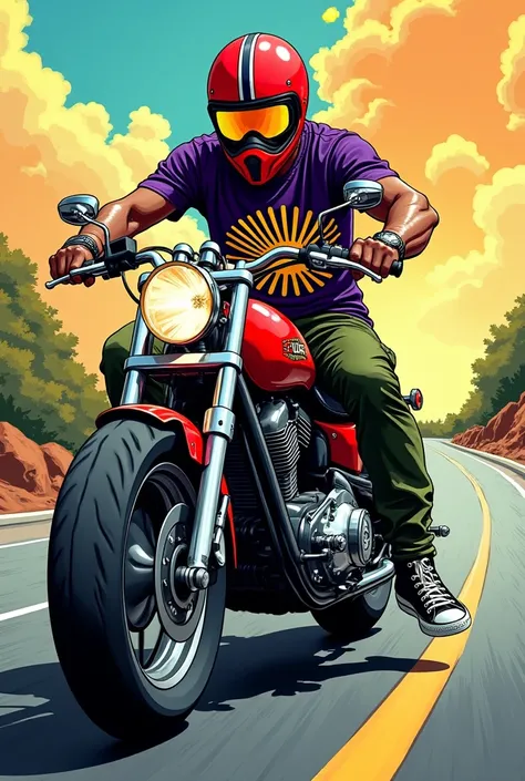  Create a comic book drawing of a motorcycle rider on a red 150cc Chopper Road from Haojue. The red helmet pile with thick white stripes in the middle , yellow lens glasses . . black all-star shoe ,  military green cargo pants and purple shirt with yellow ...