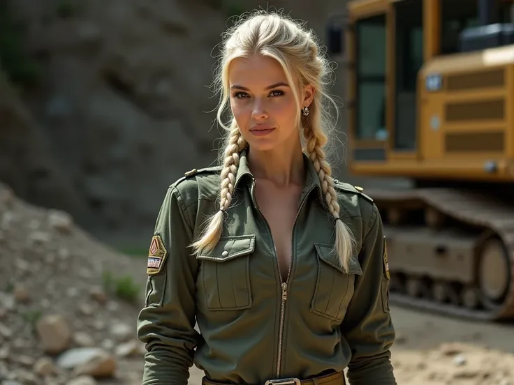  Blonde woman in a quarry ,  in an combat suit with high heel boots in front of a catrpillar.in a sexy pose.  The makeup is perfect .  The medium-length braided hair . Subtle earrings .  The look a bit strict . You see the woman complete