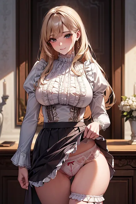 8k、 best quality 、MAXIMUM CLARITY  、  very detailed、Beautiful art、  very detailed、  biologically correct body  、  gentle smile 、Maternal、 Transparent muscle 、   super big boobs 、(((  lace panties with luxurious ruffles and delicate embroidery)))、  pantyhos...