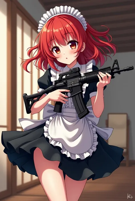 Create a picture in anime/Manga Style. She should have red hair , Maid Costume,  and a weapon an M4 assault rifle