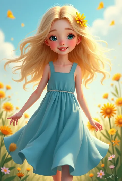 Little blond haired girl with blue dress and yellow accessories