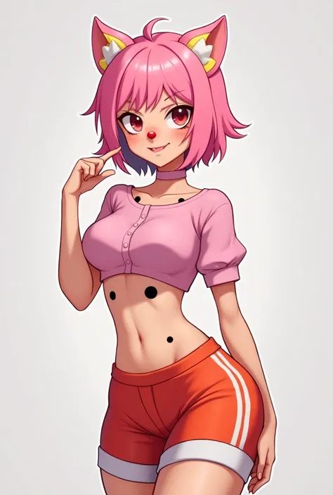 Character looking at her,  feminine and a feminine Game Free Fire style,  with pink hair with little ears , clown nose,  short pink blouse ,  half red shorts , pink slipper , masculine"  half-blond hair with ears ,  chest with nothing with only black spots...