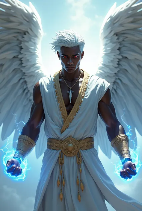  Draw a kind man character with black skin , crimson eyes, silver hair and eyebrows ,  of medium height and will answer athletic ,  around his neck with a necklace with a small sword hanging, that you wear white clothes with gold decorations ,  who has whi...