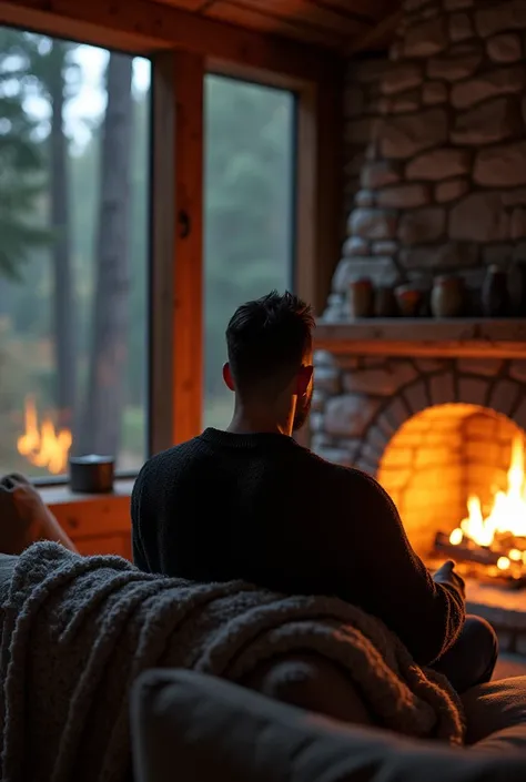 the living room of a hut in the forest, through the window you can already see the dawn. a black-haired man muscular, sitting in a blanket and a black sweater in front of the fire burning in a stone fireplace. She can only be seen from behind