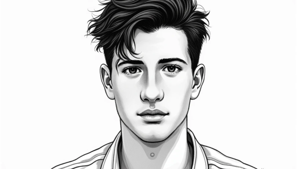  Young man,  Brasileiro,  black hair , Realistic line image in black and white portrait type for document.