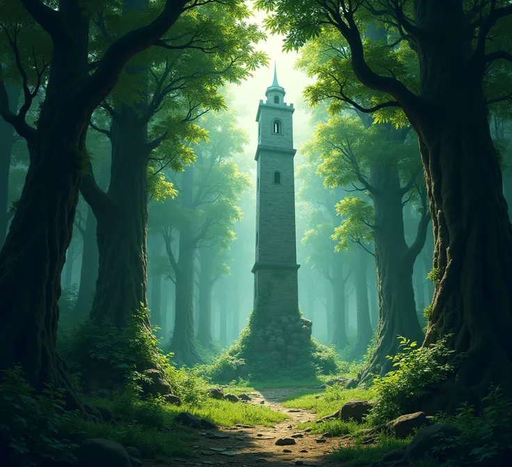 A dense forest, full of large trees and in the distance a simple stone tower, Very thin 