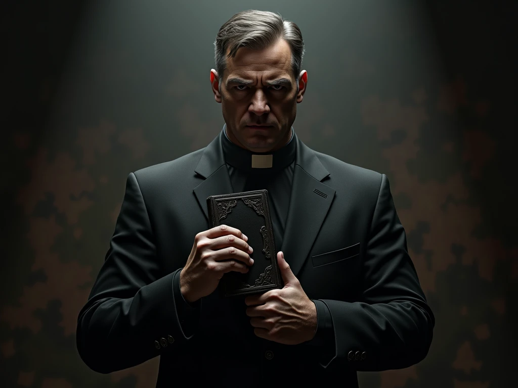 A pastor in a suit,  with a bible in their hand . dark background, sombrio, fighting game, mortal kombat