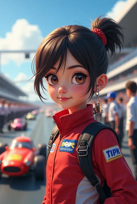 a girl at a racing place knowing she is going to be a racer one day, a lot of racer, a lot of cars, potato can driving car