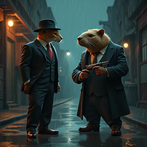 1gato,  wearing a gangster style suit . 1 capybara.  Wearing a suit with gangster style overcoat, wearing a Tommy Gun . scenario, A dark alley, at night, in the rain.