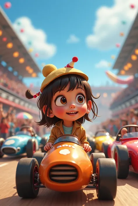 a girl at a racing place a lot of racer, a lot of cars, potato can driving car