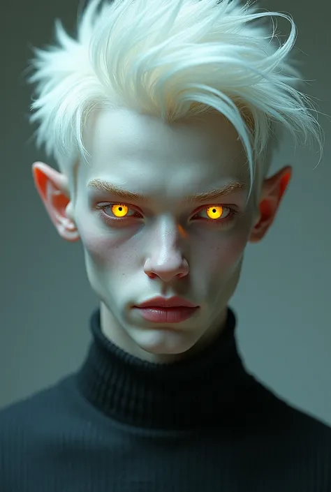 A masculine young man who has fair skin, white hair and yellow eyes.