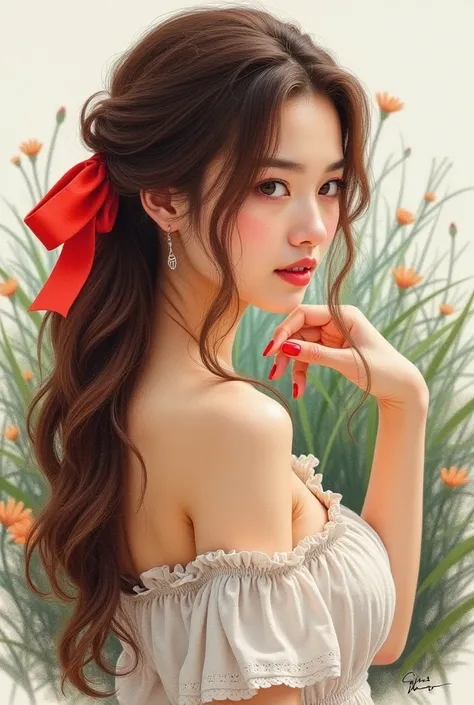 Realistic drawing of a brunette woman with long wavy hair on her back touching her hair that is tied with a red ribbon