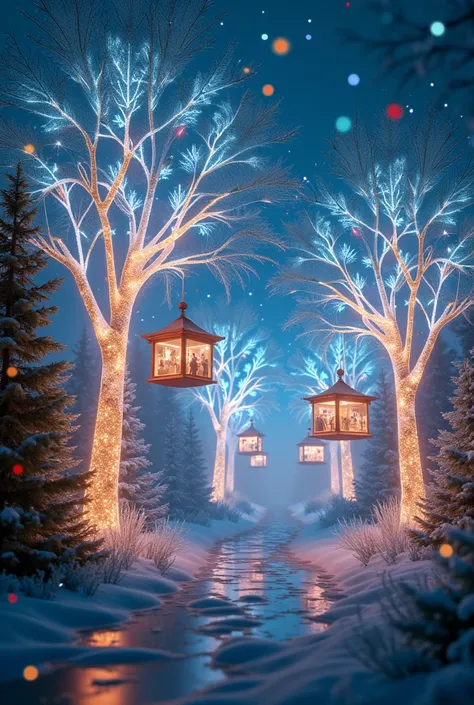  Bright and translucent trees with photos of Christmas markets inside.  All this on a dark background decorated with beautiful twinkling lights  