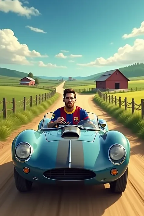 Messi riding a car on the farm
