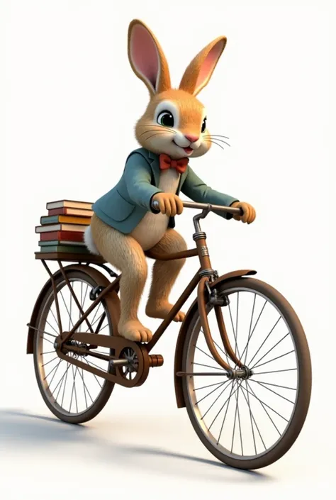 Rabbit on a bike vintage mode with handkerchief and books on the back of the bike and a little bow,  with white background