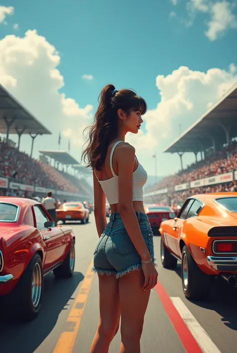 a girl with her back at a racing place a lot of racer, a lot of cars, potato can driving car