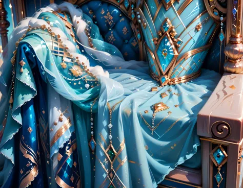 Arafed a picture of a frozen throne for an ice goddess, the goddess is sitting on her icy throne, under the (magical aurora: 1.3) in the night sky, aurora (masterpiece: 1.4) in many shades of blue, green and azure, wearing white and blue royal dress, glamo...