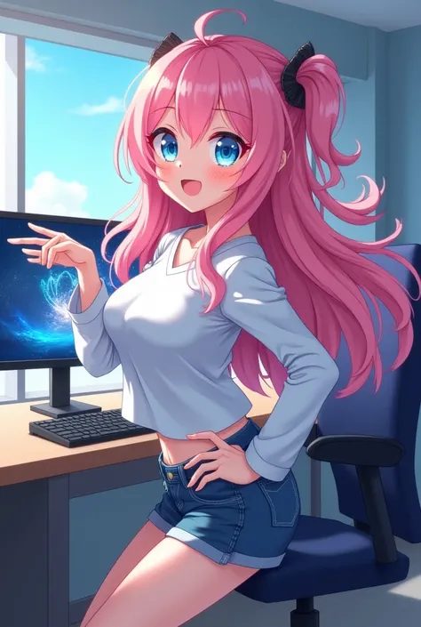 Anime girl with pink hair and blue eyes posing in front of a computer