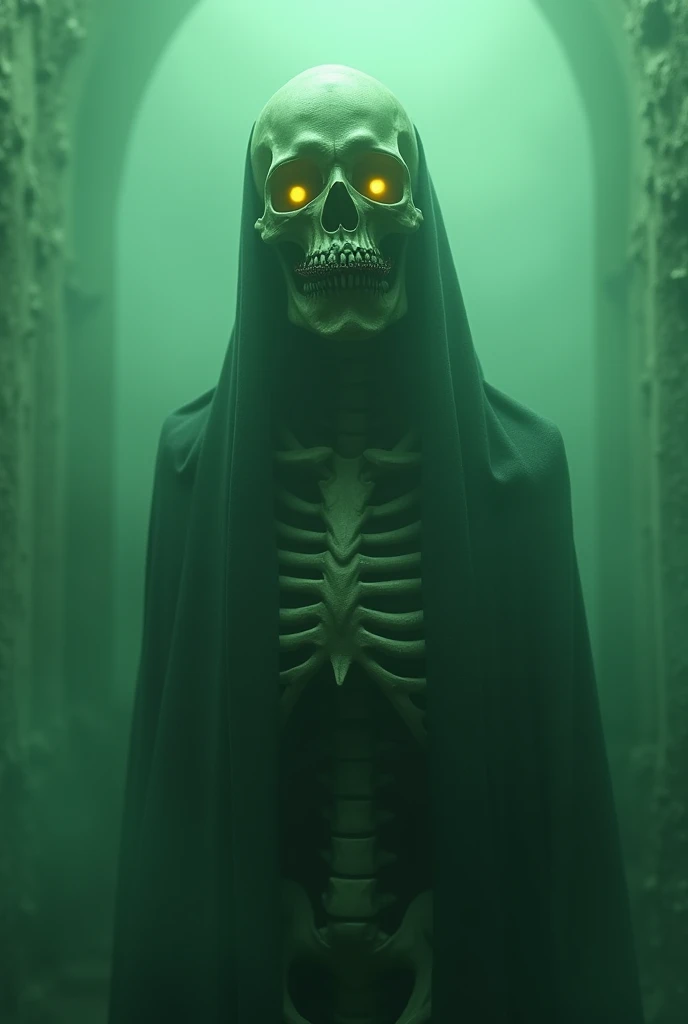 Skeleton with a dense greenish haze, eyes shining yellow and a stitched mouth