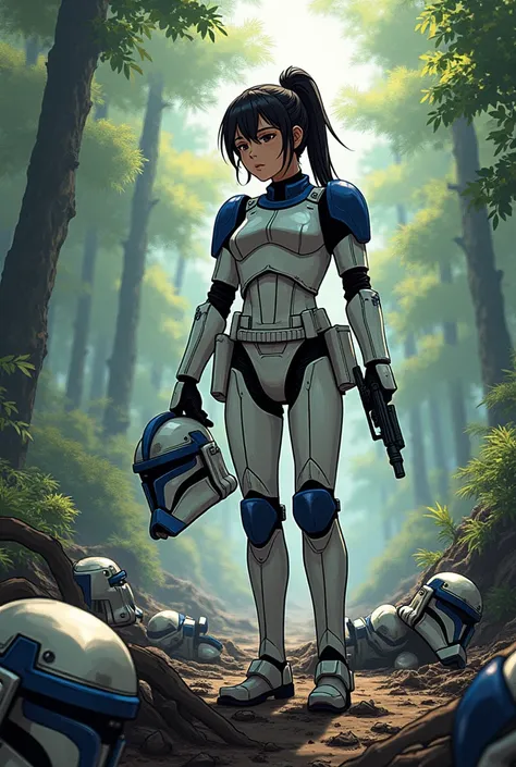  Create a manga picture of an anime girl who is in a Star Wars clone suit .  She has her helmet in her right hand . The helmet is black and white .  In her left hand she has a blaster in her hand .  She looks down at her dead comrades .  Her team is in a w...