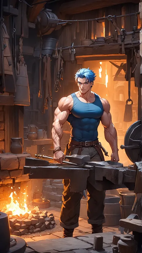 A tall, muscular blacksmith with short blue hair stands joufully inside a forge, creating numerous items. He wears a muscle shirt and pants.