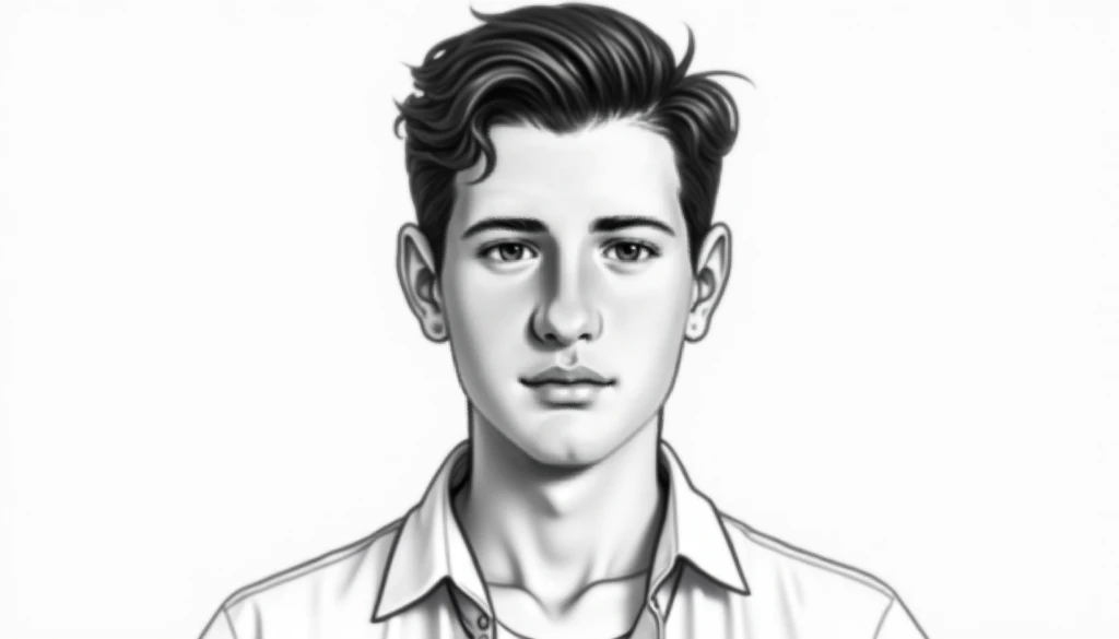  Young man,  Brasileiro,  black hair , Realistic line image in black and white portrait type for document.  collared shirt . full face.  Be faithful to the reference. sent .
