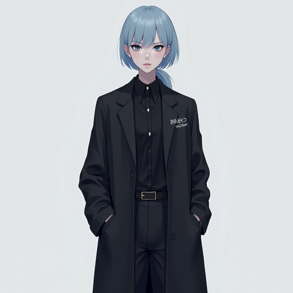 A tall girl with short light blue hair tied back, light blue eyes with dark lower eyelids, wearing a long black jacket and matching outdoor pants uniform. White words are subtly printed on the jacket, adding a sharp, professional look.