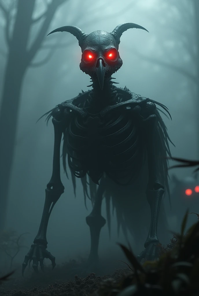 Skeleton bird with an all-black skeleton and bright red eyes and dark fog