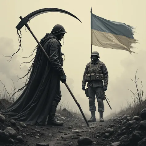 Poster, gif 
A soldier and death with a scythe in his hands
A Ukrainian soldier in a combat uniform stands on the battlefield. Next to him is death in a cloak with a scythe, which retreats before his courage. The background is scorched earth, smoke and the...