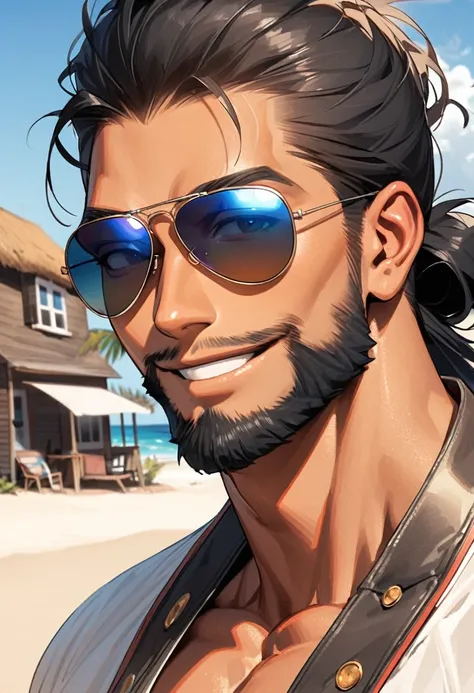 close up, solo, male, short black hair, light tan skin, black hair, adult, beach, smile, button white shirt, huge, open top, muscular, aviator sunglasses, house, outdoors, long hair, trim beard, tied hair