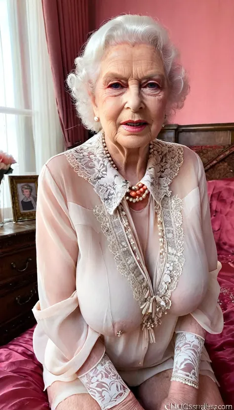 (Sucking penis:1.5), (gorgeous queen elizabeth 80yo:1.3), (huge saggy breast:1.3), (look at viewer:1.4), sitting on a bed, (sensual expression:1.4), (chiffon coral shirt with a big lace design collar necklane:1.5), white skirt, lipsticks, Pearl Necklace
