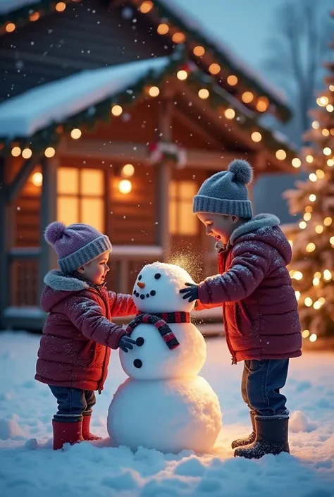  High resolution, HD.  Two ren play making a snowman . The snowman wears a hat and scarf .  they are outside a wooden house adorned with Christmas lights and ribbons.  There is a Christmas tree with lights and ornaments . it is snowing.  High resolution.