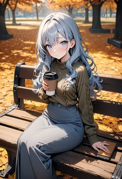 masterpiece, best quality, 8k, ultra detailed, 1 girl, silver wavy hair, long hair, light blue eyes, small breasts, olive sweater, gray blue long skirt, brown boots, autumn leaves, park, sitting on wooden bench, holding takeaway cup of coffee, book beside ...