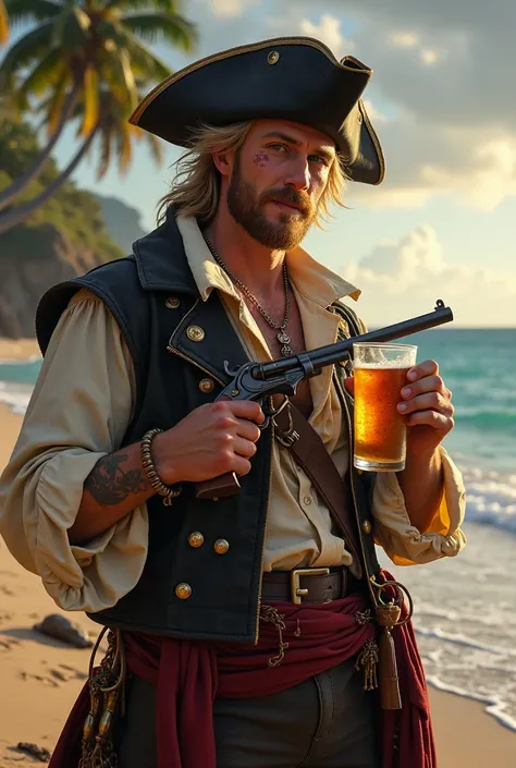 un pirate blond boit une bière, seuls,  sourire sinistre, ceux qui ne peuvent pas, riche costume de pirate, tatouage de casper, pistolet type Flintlock, débris volants, bataille de pirates, Maelstrom, Dark Storm, il pleut, plage tropicale, cachette de pira...