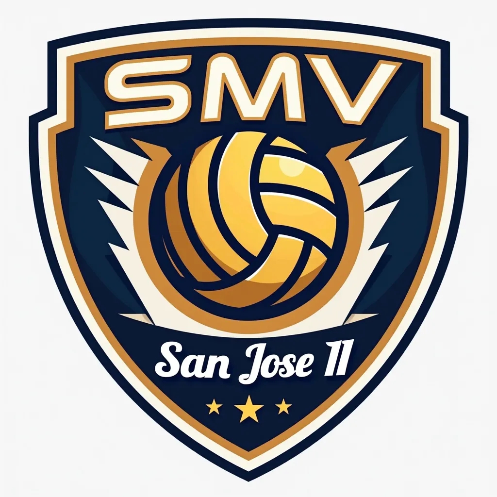 Create a logo of a volleyball academy ,  that the shape of the logo is similar to a shield ,  that in the center of the shield there is a volleyball ball ,  above the ball that says SMV and below the valon that says San José II with cursive letter