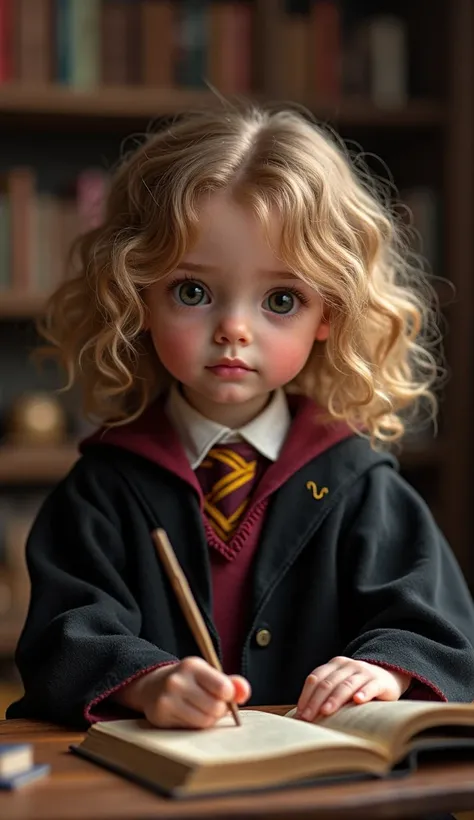 Baby Hermione Granger (from Harry Potter), in a miniature Hogwarts robe, sits at a wooden desk surrounded by books. Her small wand is in hand, and her face is visible, filled with curiosity and wisdom, a glimpse of the future witch she will be.