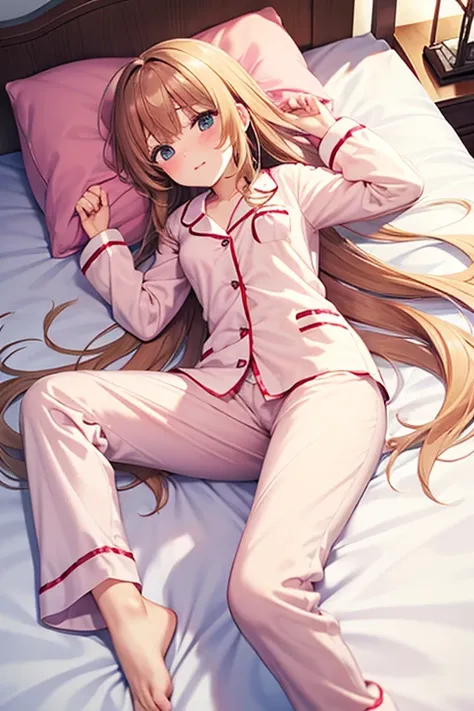 very long hair , blush, bed, lying down, 
Senos grandes, pajamas