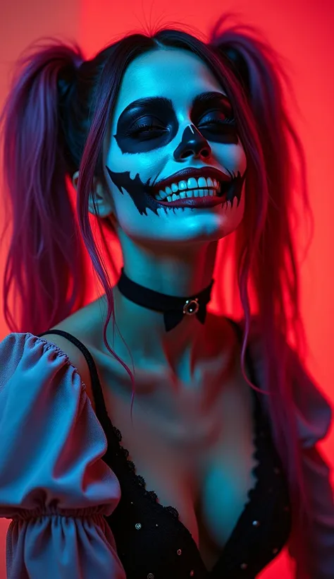 skullface, harlequin, scull smile, sexy girl, colorful, portrait, agressive pose