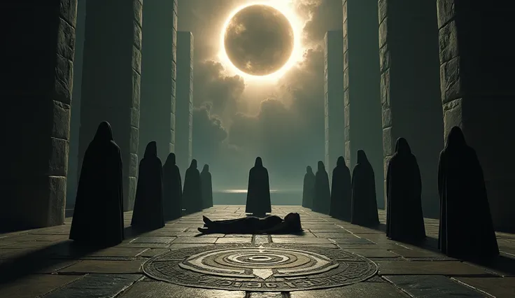 A large, ancient temple during a solar eclipse. The temples stone floors are covered with elaborate markings, while a group of priests, in long robes, surround a sacrificial altar. A young virgin is placed on the altar, her face serene yet fearful. The sce...