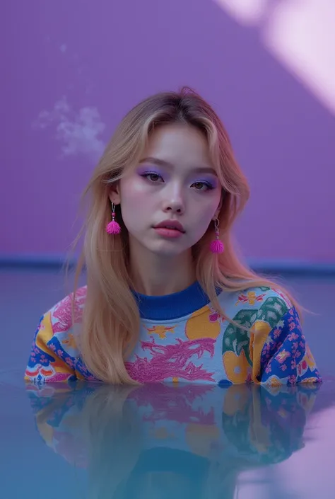 A young woman with long blond hair and lilac , She is made up in a unique way she wears neon magenta earrings ,  wears a colorful sweater printed with a dragon ,any piece,Chinese art clouds , floating in a pool that shows a little bit of their reflection i...