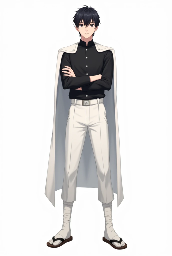 Create a full body image of stoic, lean , young man, who is wearing a black button up unfiorm with a mandarin collar. He has it tucked into a white belt and is wearing black baggy drop crotch uniform pants. His ankles are wrapped in white  bandages. His sh...