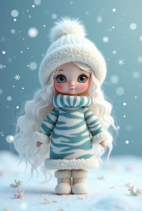 ❄
     ❄


3D Render, Full-body portrait felt doll design little Snow Maiden girl wearing a long zebra  sweater and fluffy boots, a fluffy hat, and long curly white hair, with snowflakes falling around her, Light blue background with subtle, snowy textures...